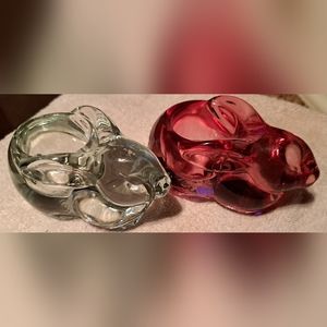 2-Vintage (Clear And Pink) Indiana Glass Very Sweet Deco Rabbit Votive Holders